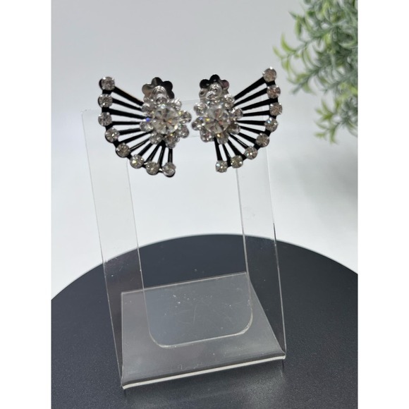Coro Vintage Signed Rhinestone Clip-On Fan Silver Tone Black Crystal Earrings - Picture 9 of 16